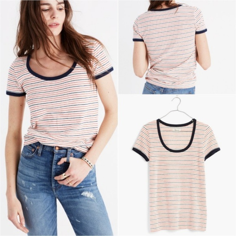 NWOT Madewell Navy and Red Scoopneck Tee